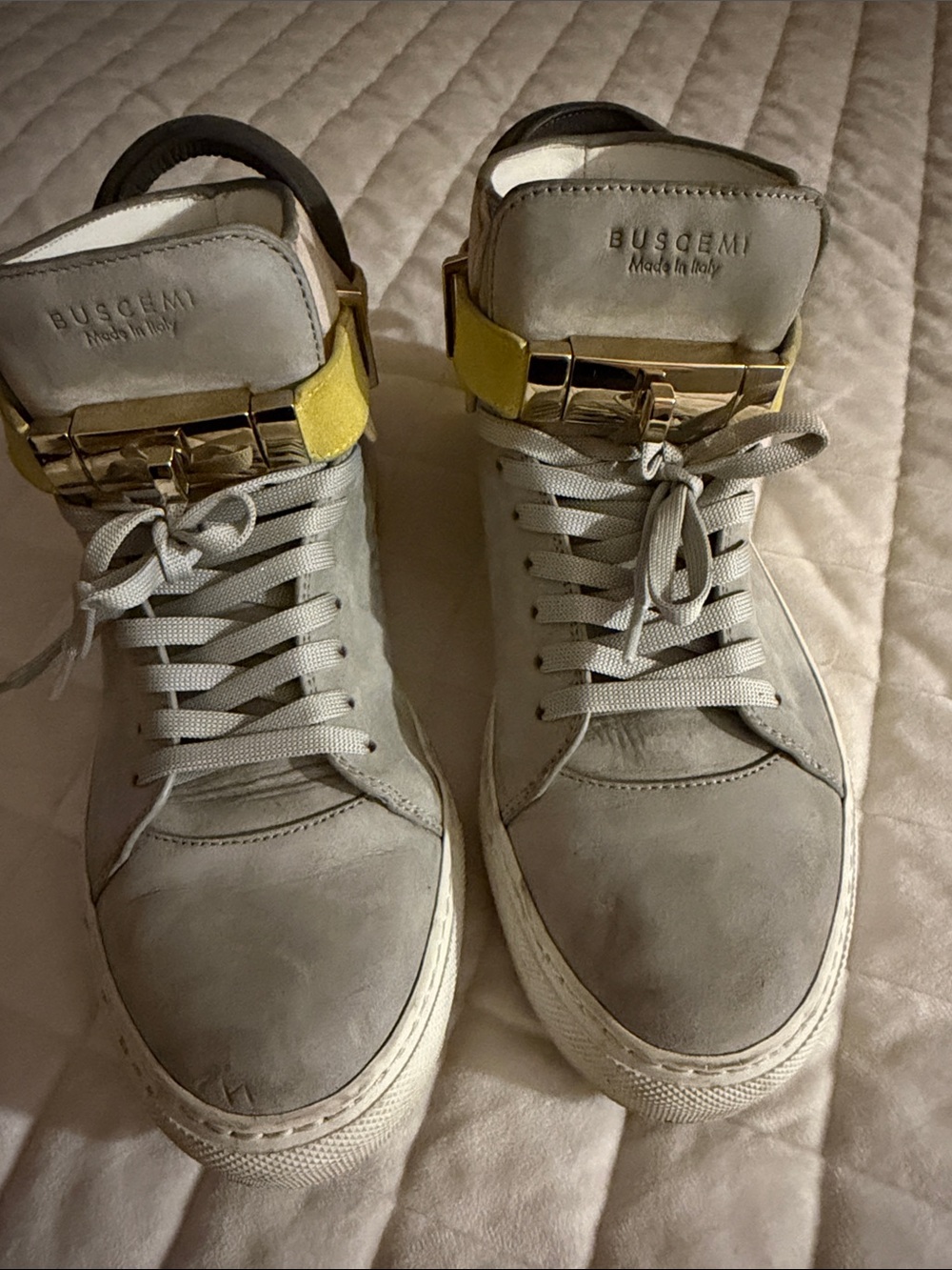 Buscemi Gray Leather High-Top Sneakers with Yellow Strap and Gold Buckle